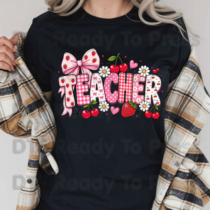 Teacher Coquette Pink DTF Transfers, Strawberries Cherries Bow School Educator Ready to Press
