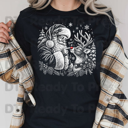 Christmas DTF Transfer, Vintage Santa Claus and Red Nose Reindeer Sketch