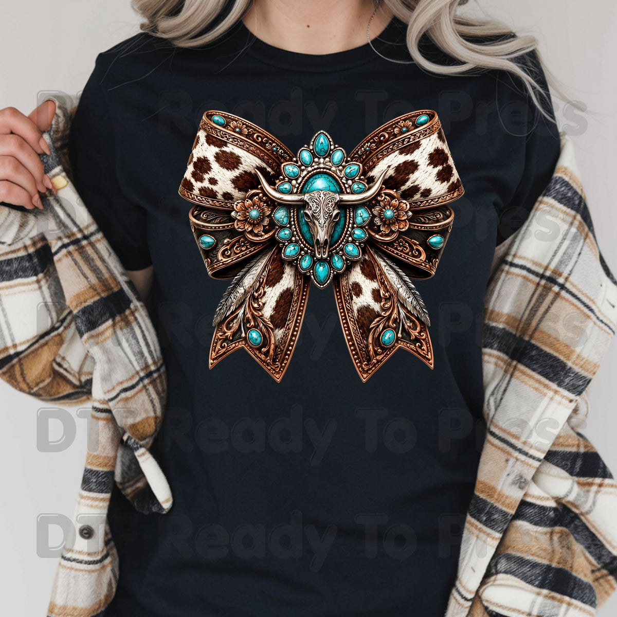 Western Bow DTF Transfers, Turquoise Longhorn Skull Cowhide Coquette Bow Cowgirl Ready to Press