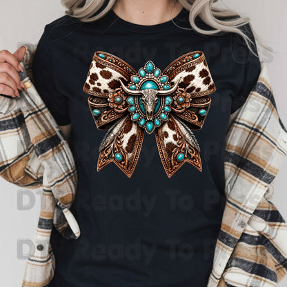 Western Bow DTF Transfers, Turquoise Longhorn Skull Cowhide Coquette Bow Cowgirl Ready to Press