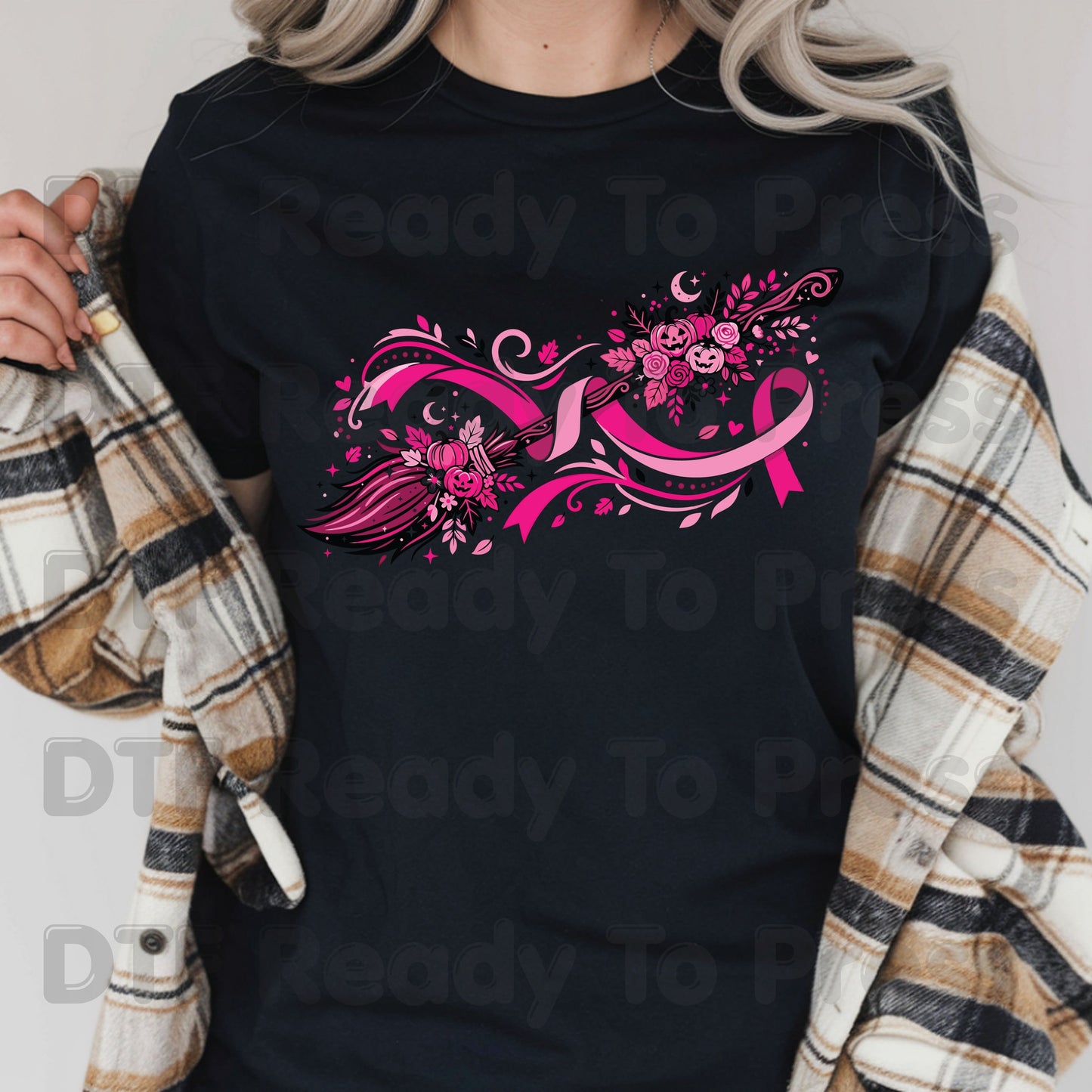 Pink Witch Broom Pumpkin Ribbon Breast Cancer Awareness DTF Transfer Ready to Press Heat Transfer Tee