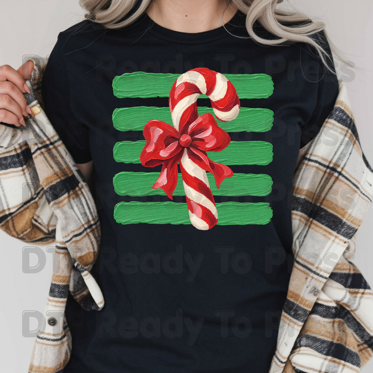 Candy Cane DTF Transfers, Red Bow Green Striped Background Vintage Christmas Holiday Ready to Press