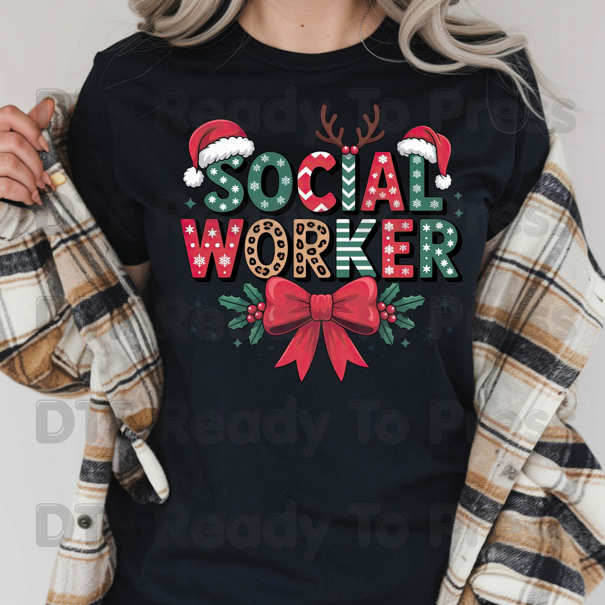 Christmas Social Worker DTF Transfers, Holiday Santa Hat Leopard Bow Social Work Ready to Press