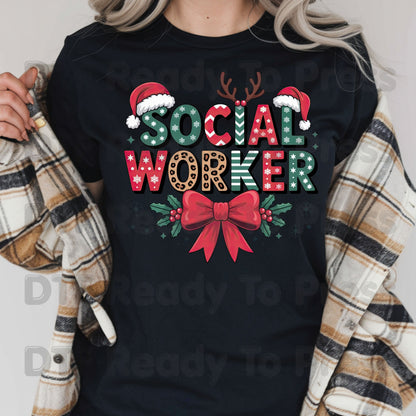 Christmas Social Worker DTF Transfers, Holiday Santa Hat Leopard Bow Social Work Ready to Press