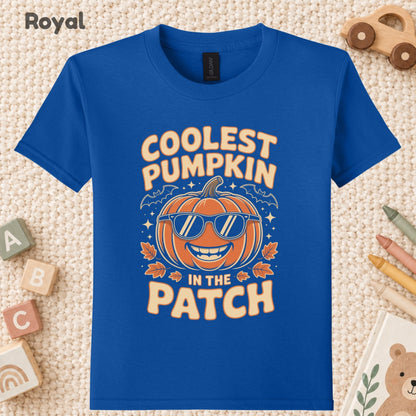 Coolest Pumpkin in the Patch T-Shirt, Retro Halloween Sunglasses Fall Season Tee for Toddler and Kids