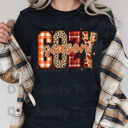 Cozy Season Fall DTF Transfer Ready to Press Plaid Leopard Autumn Letters Heat Transfer for Shirts Colorful Pumpkin Season Graphic Press