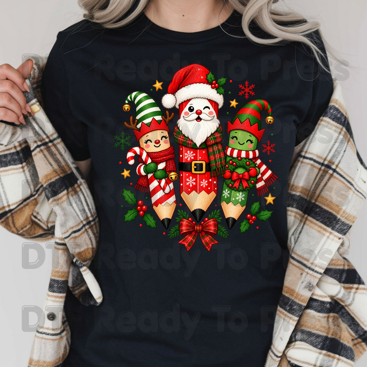 Christmas Teacher Pencils DTF Transfers, Holiday School Elf Santa Cute Teacher Ready to Press