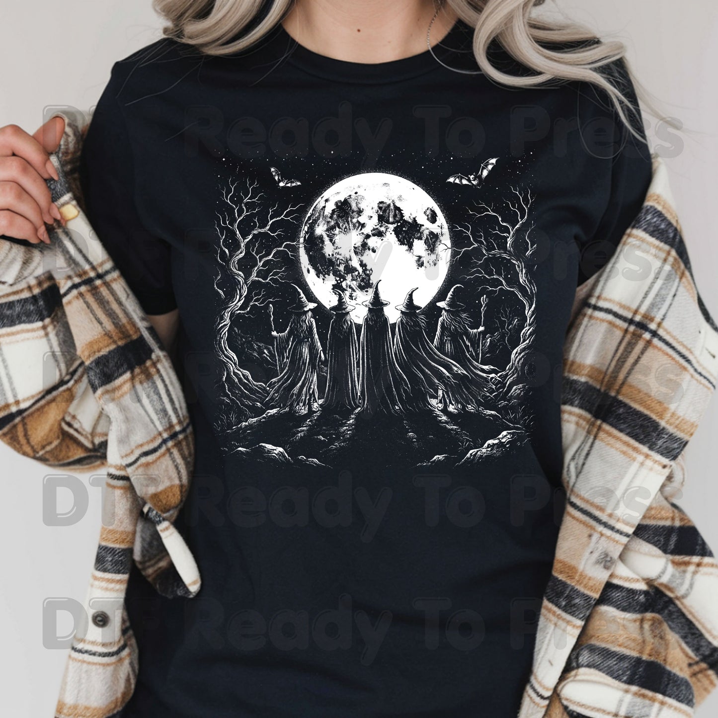 Witches Coven Full Moon DTF Transfers, Dark Forest Bats Gothic Halloween Ready to Press