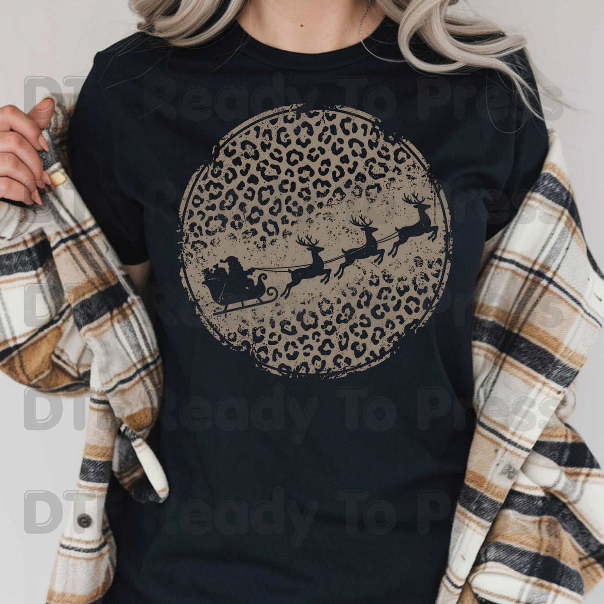 Christmas DTF Transfer, Santa Sleigh and Reindeer, Leopard Print Circle Graphic