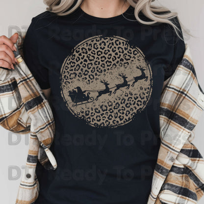 Christmas DTF Transfer, Santa Sleigh and Reindeer, Leopard Print Circle Graphic