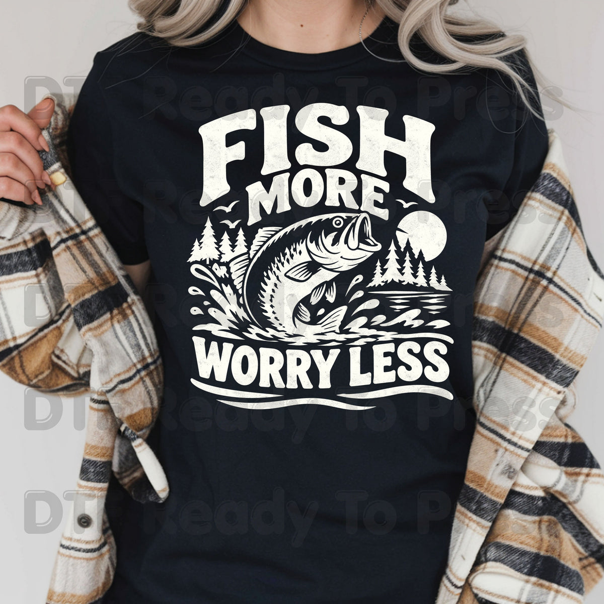 Fishing DTF Transfer, Fish More Worry Less, Bass Fishing Graphic