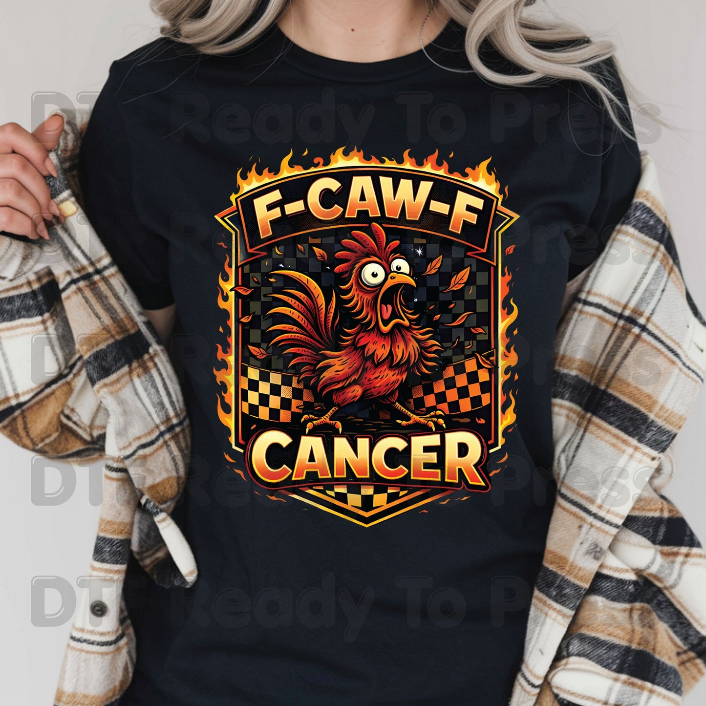 Funny Rooster DTF Transfer Ready to Press F Caw F Cancer Flaming Checkered Flag Heat Transfer Tee Print Direct to Film Transfer