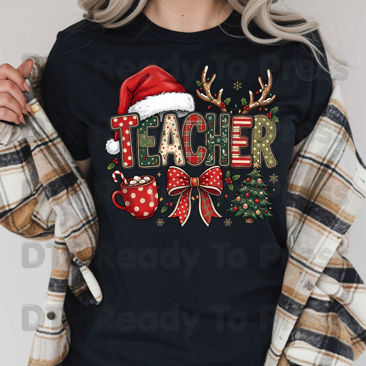 Christmas Teacher Santa Hat DTF Transfers, Holiday School Cocoa Tree Bow Graphic Ready to Press