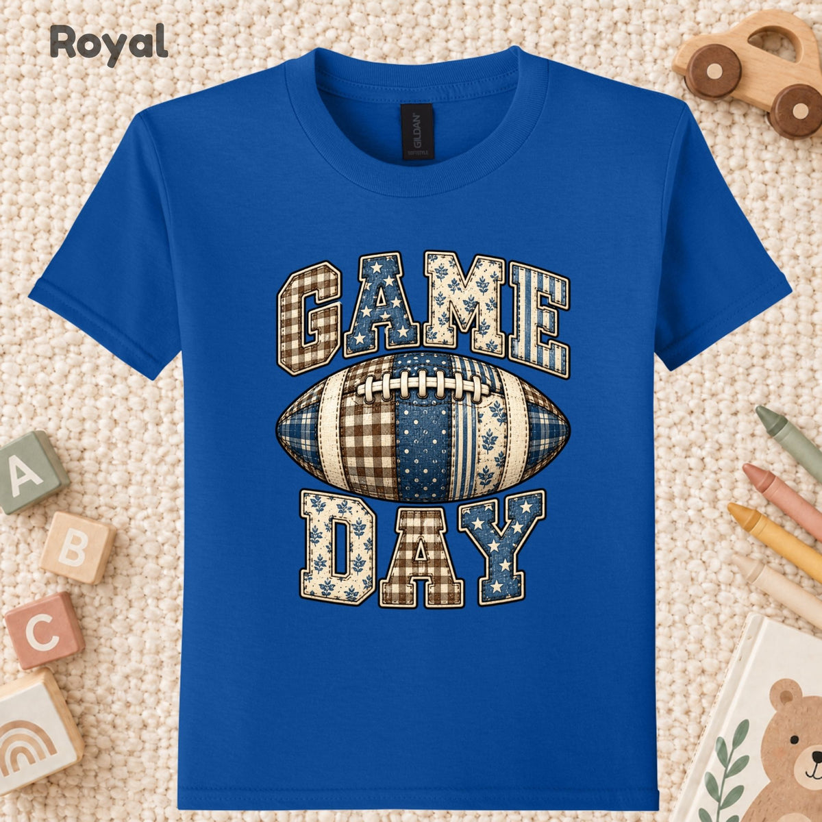 Game Day Football T-Shirt, Blue Plaid Patchwork Tee for Toddler and Kids
