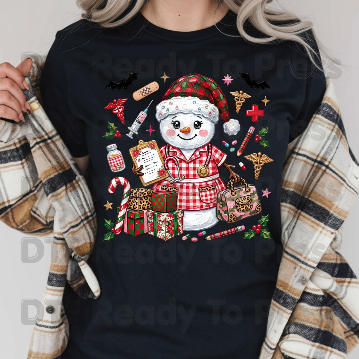 Christmas Nurse Snowman DTF Transfers, Medical Holiday Stethoscope Graphic Ready to Press