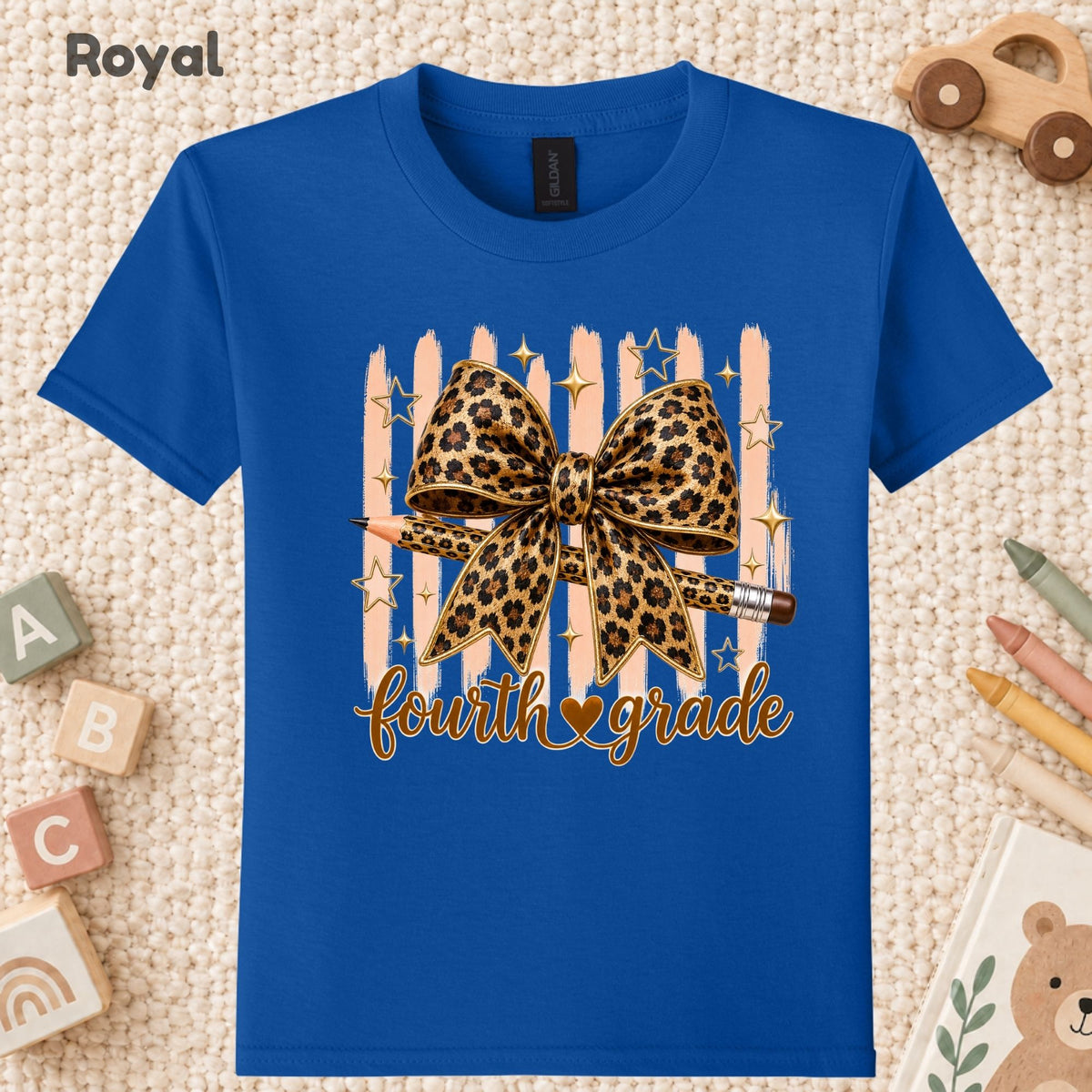Fourth Grade Leopard Bow Pencil T-Shirt, Cute Back to School Tee for Toddler and Kids