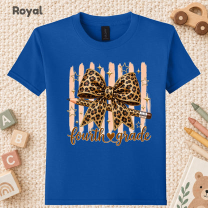 Fourth Grade Leopard Bow Pencil T-Shirt, Cute Back to School Tee for Toddler and Kids