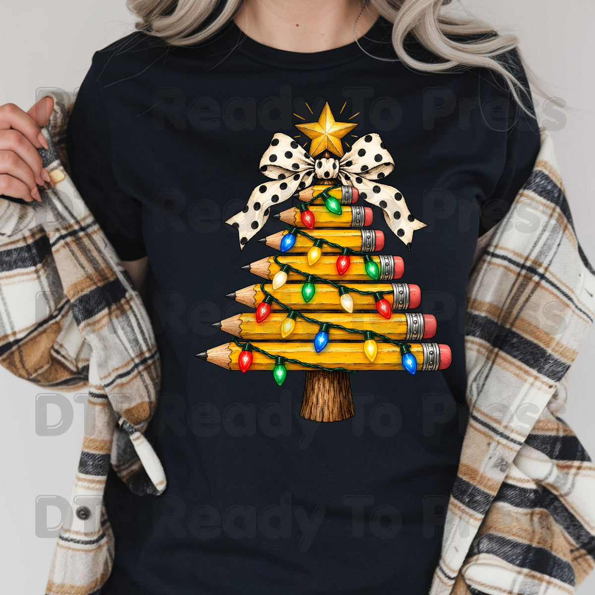 Christmas Teacher Pencil Tree DTF Transfers, School Polka Dot Bow Lights Holiday Ready to Press