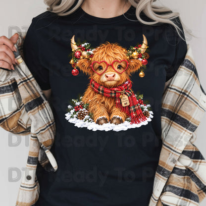 Christmas DTF Transfer, Highland Cow with Heart Glasses, Scarf and Ornaments