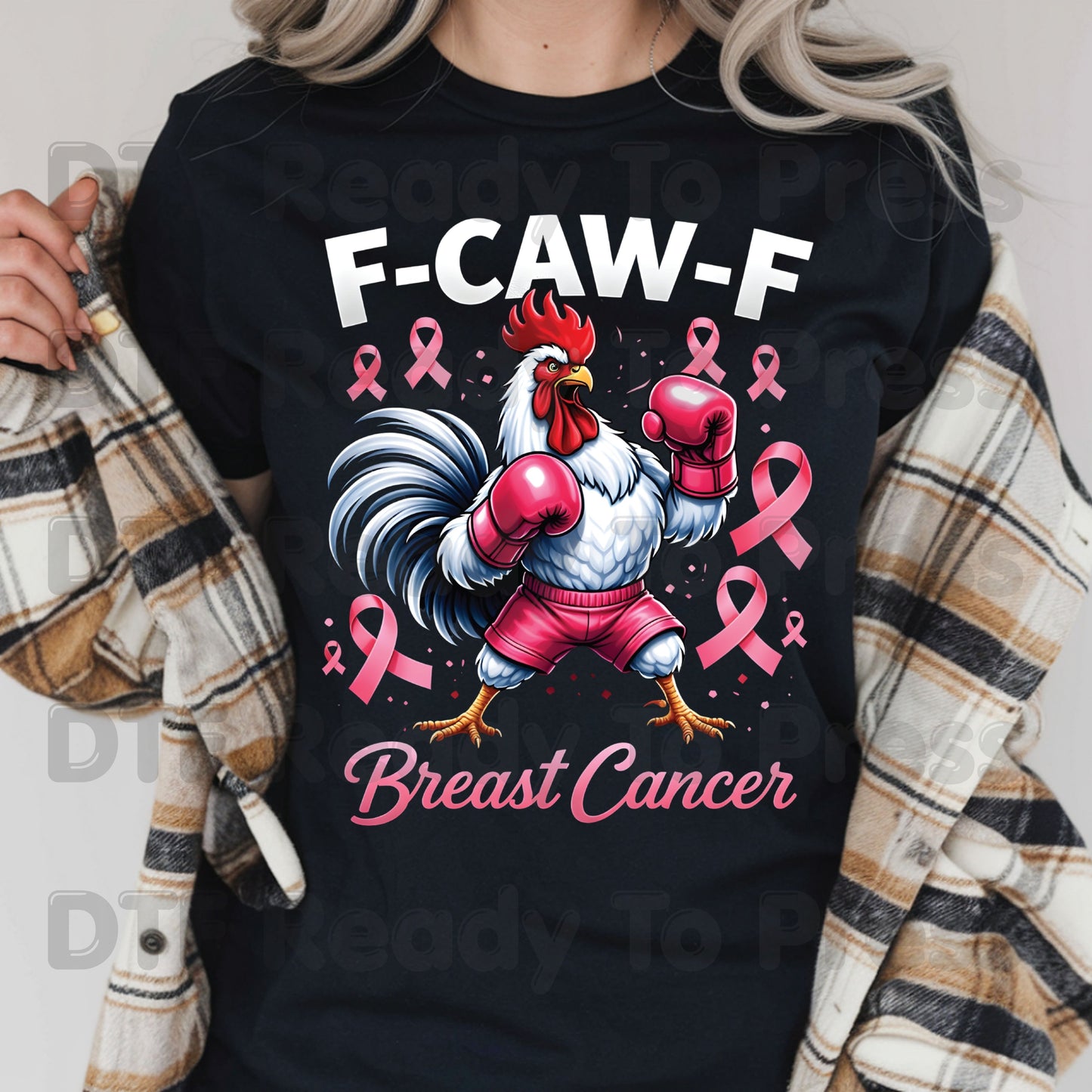 Breast Cancer DTF Transfer Ready to Press Fighter Rooster Boxing Gloves Pink Ribbons Heat Transfer Tee Print Direct to Film