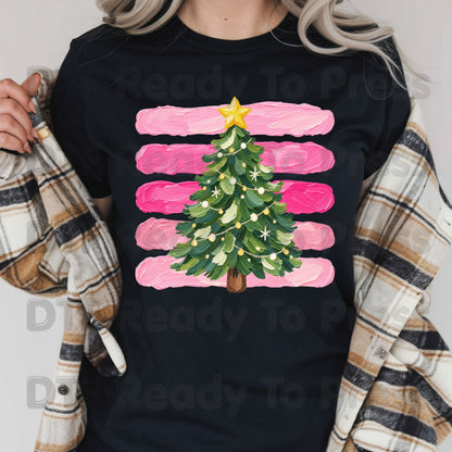 Christmas Tree DTF Transfers, Pink Brush Stripes Background Holiday Ready to Press