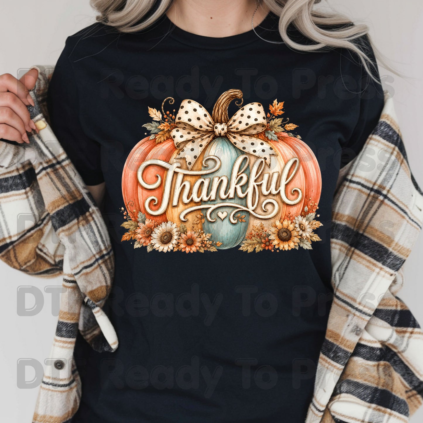 Thanksgiving Pumpkin DTF Transfer Ready to Press Thankful Heat Transfer For Shirts Polka Dot Bow Sunflowers Autumn Fall Vibe Floral Print