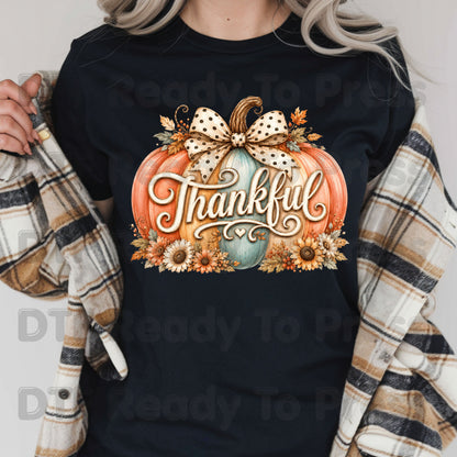 Thanksgiving Pumpkin DTF Transfer Ready to Press Thankful Heat Transfer For Shirts Polka Dot Bow Sunflowers Autumn Fall Vibe Floral Print