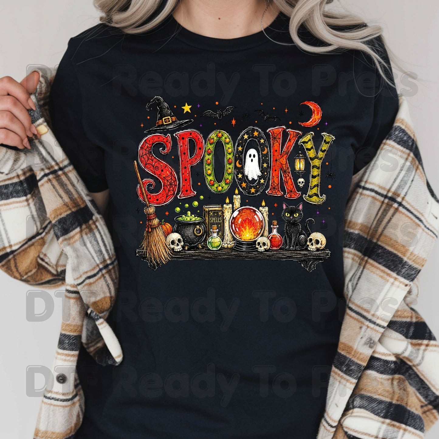 Halloween Spooky Witch Shelf DTF Transfers, Black Cat Crystal Ball Cauldron Potion Skull Ready to Press