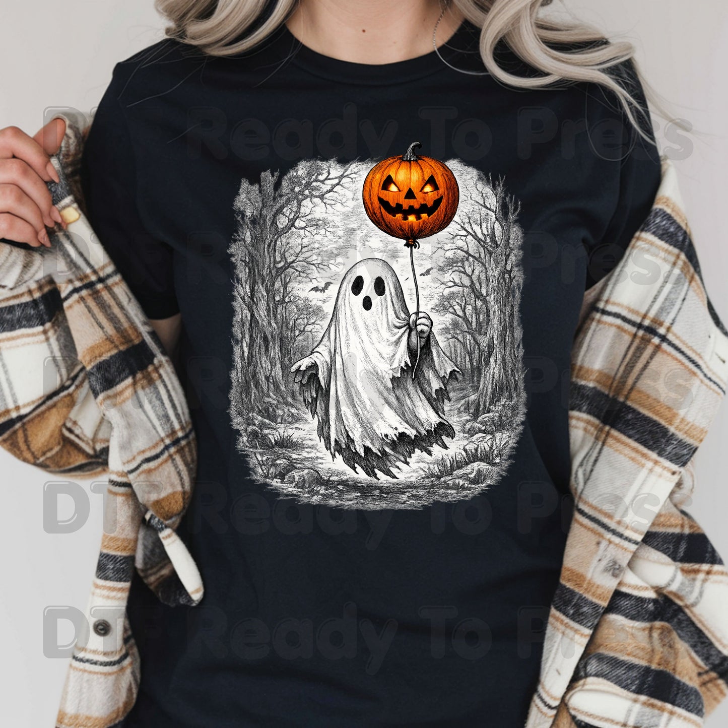 Vintage Halloween Ghost DTF Transfers, Pumpkin Balloon Spooky Forest Retro Ready to Press