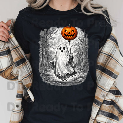 Vintage Halloween Ghost DTF Transfers, Pumpkin Balloon Spooky Forest Retro Ready to Press