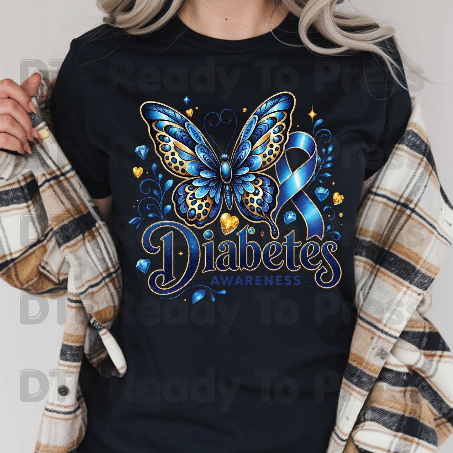Diabetes Awareness DTF Transfer Ready to Press Blue Butterfly Ribbon Gold Gems Heat Transfer Tee Print Direct to Film Transfer