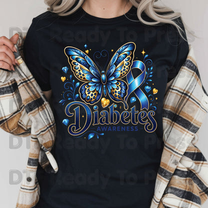 Diabetes Awareness DTF Transfer Ready to Press Blue Butterfly Ribbon Gold Gems Heat Transfer Tee Print Direct to Film Transfer