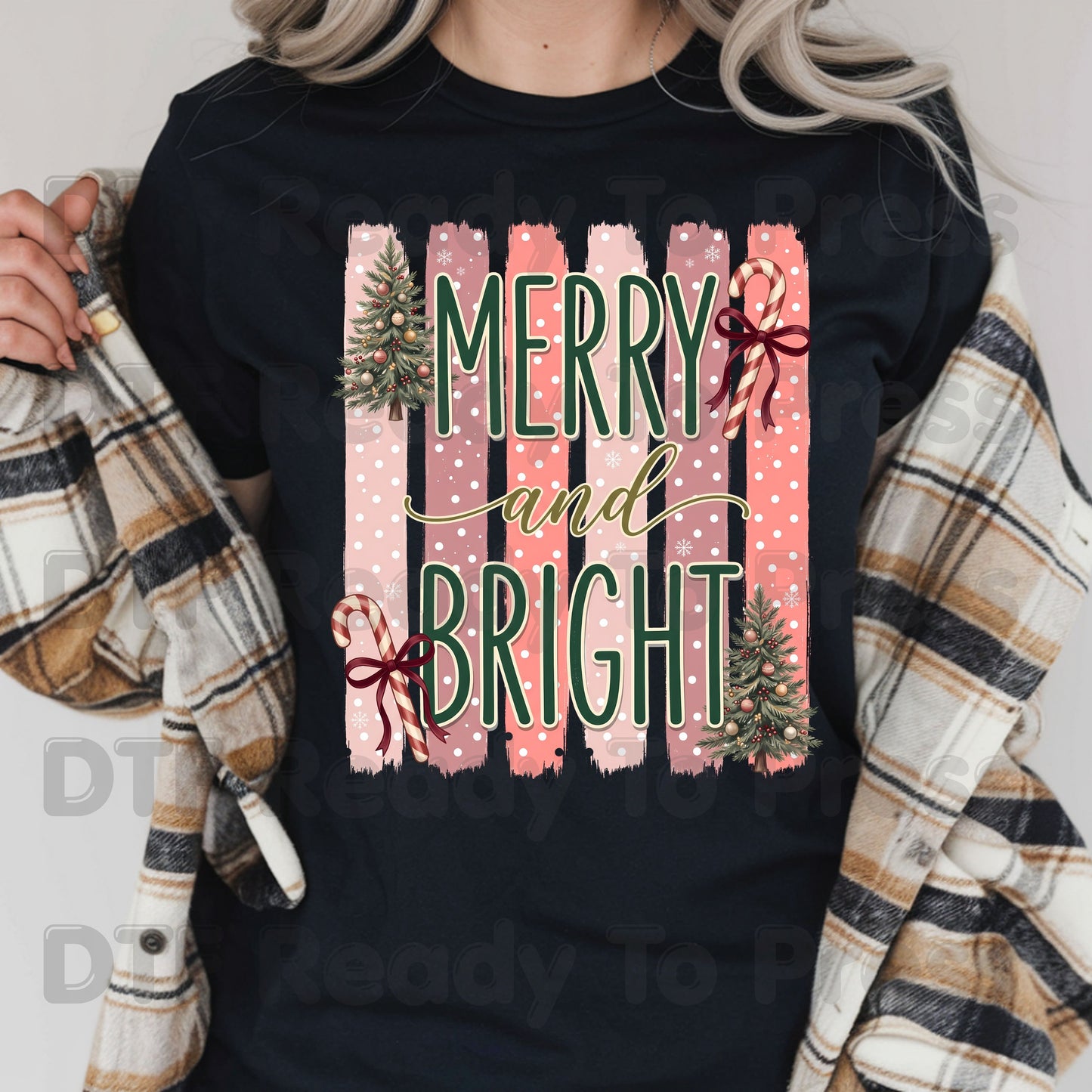 Christmas Merry and Bright DTF Transfer Ready to Press Pink Christmas Tree Candy Cane Heat Transfer for Shirts Retro Holiday Xmas DTF Print Cute Xmas