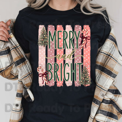 Christmas Merry and Bright DTF Transfer Ready to Press Pink Christmas Tree Candy Cane Heat Transfer for Shirts Retro Holiday Xmas DTF Print Cute Xmas