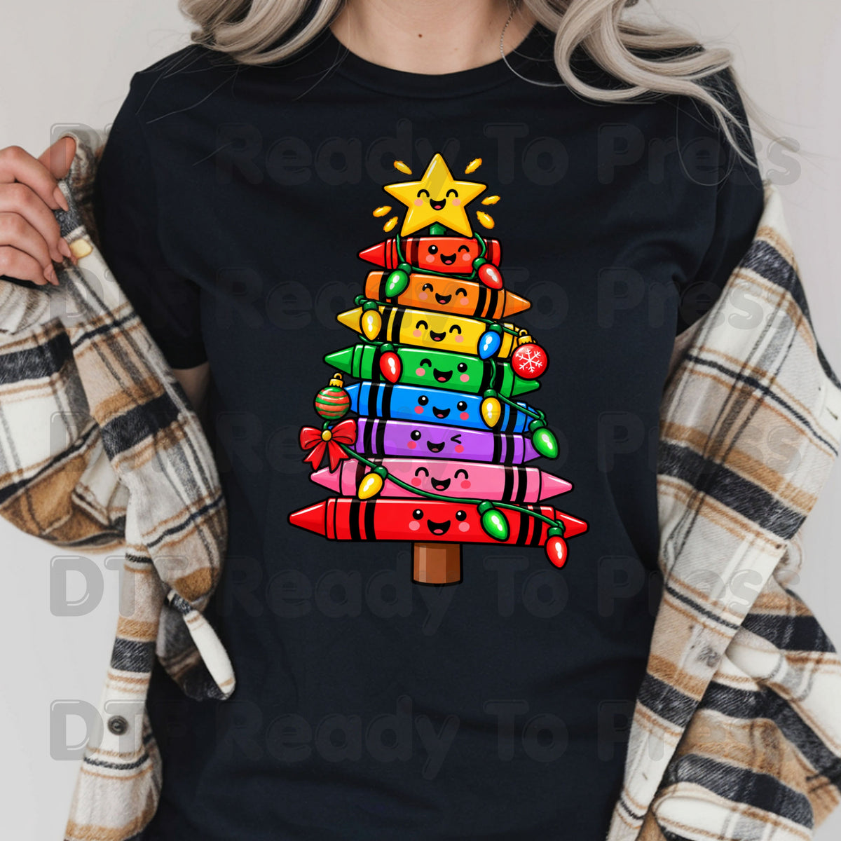 Christmas Crayon Tree DTF Transfers, Teacher School Rainbow Lights Holiday Ready to Press