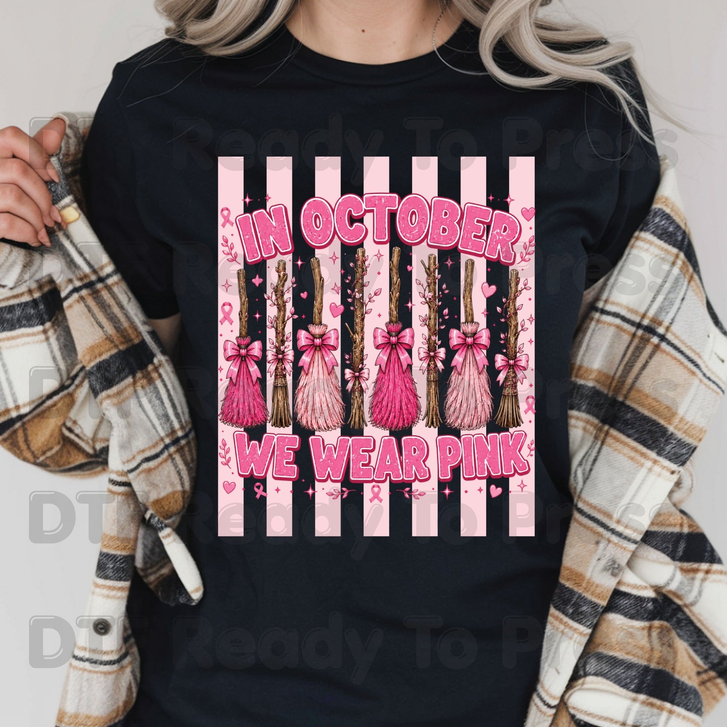 In October We Wear Pink Witch Brooms Breast Cancer Awareness DTF Transfer Ready to Press Heat Transfer Tee