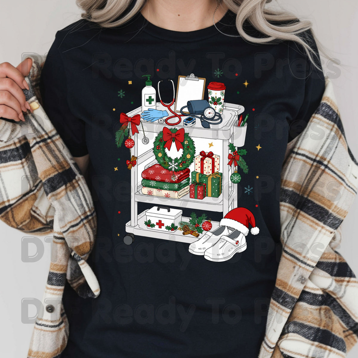 Christmas Nurse Cart DTF Transfers, Holiday Medical Wreath Stethoscope Graphic Ready to Press