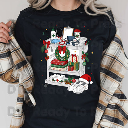 Christmas Nurse Cart DTF Transfers, Holiday Medical Wreath Stethoscope Graphic Ready to Press