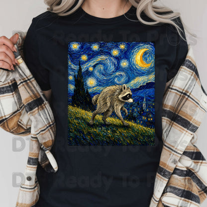 Starry Night Raccoon DTF Transfers, Oil Painting Van Gogh Style Funny Wildlife Art Ready to Press