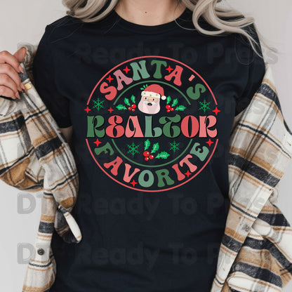 Santa's Favorite Realtor DTF Transfers, Christmas Real Estate Retro Circle Graphic Ready to Press