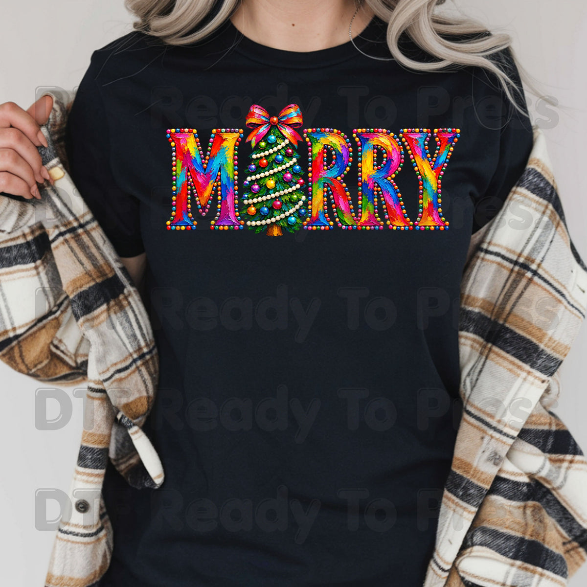 Merry Christmas Tree DTF Transfers, Colorful Painted Christmas Holiday Ready to Press