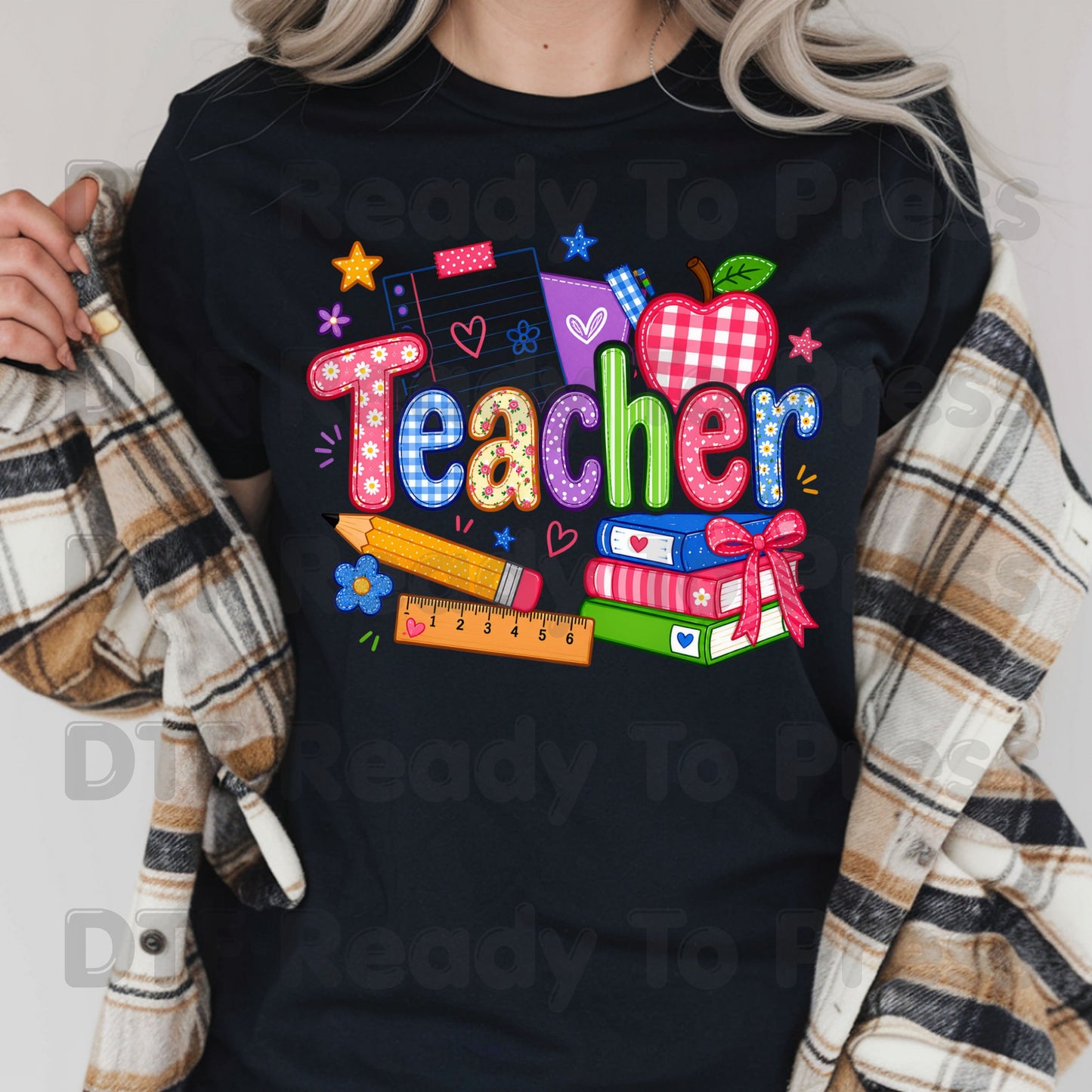 Teacher Apple Books Pencil DTF Transfers, Colorful School Supplies Back to School Ready to Press