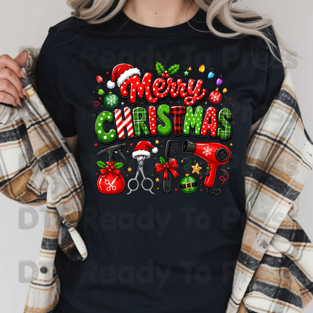 Merry Christmas Hairstylist DTF Transfers, Salon Holiday Scissors Hair Dryer Hairdresser Ready to Press