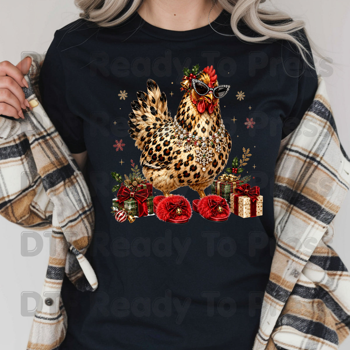 Funny Chicken DTF Transfers, Leopard Print Sunglasses Red Slippers Christmas Holiday Ready to Press