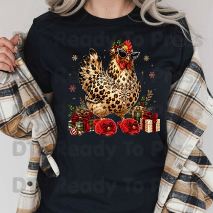 Funny Chicken DTF Transfers, Leopard Print Sunglasses Red Slippers Christmas Holiday Ready to Press