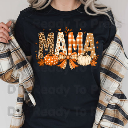 Fall Mama Pumpkin DTF Transfers, Leopard Plaid Varsity Letters Autumn Leaves Bow Thanksgiving Mom