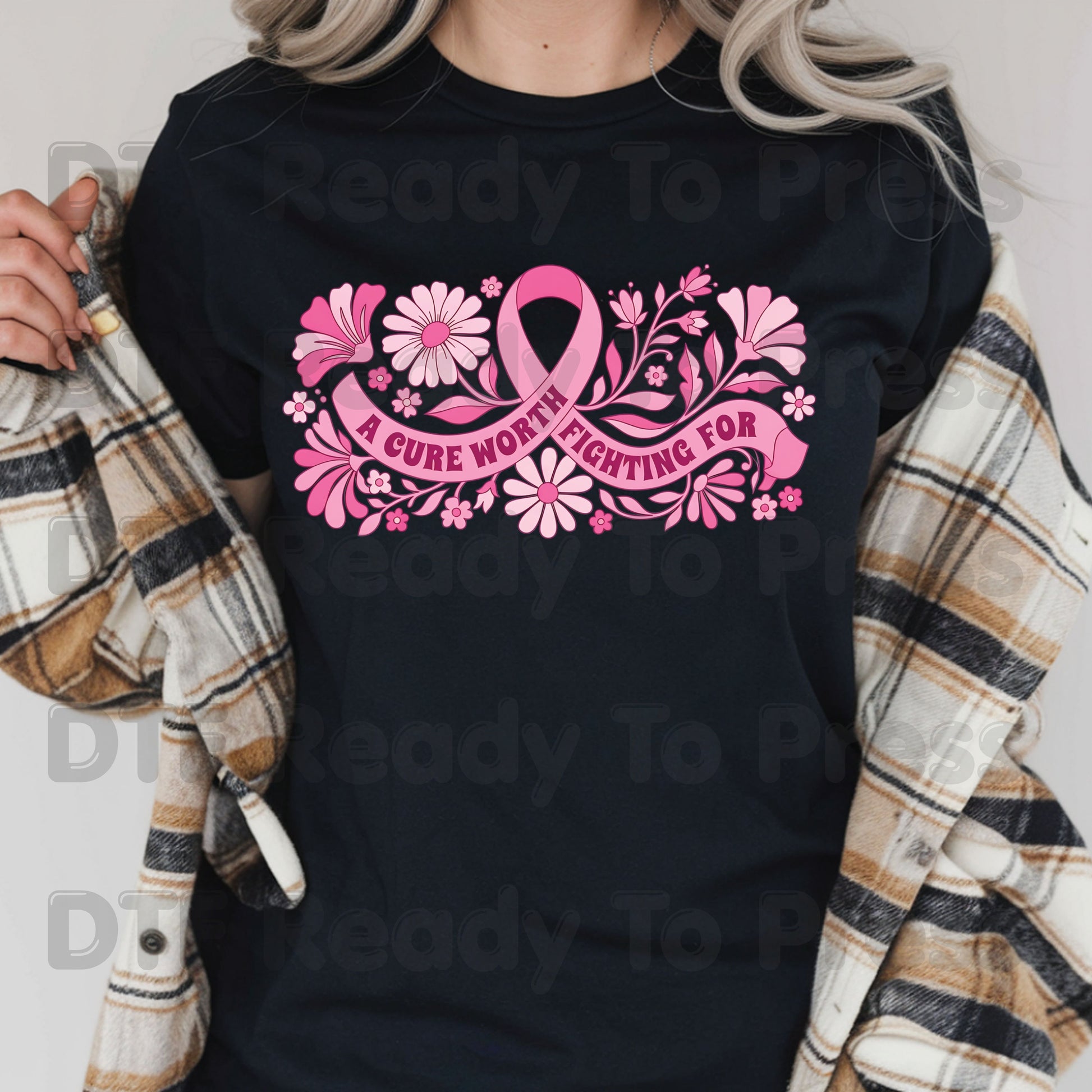 A Cure Worth Fighting For Breast Cancer Awareness DTF Transfer Ready to Press Heat Transfer Pink Floral Tee
