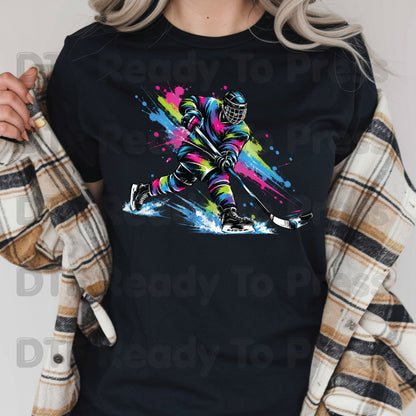 Hockey DTF Transfer, Colorful Ice Hockey Player with Paint Splatter Graphic