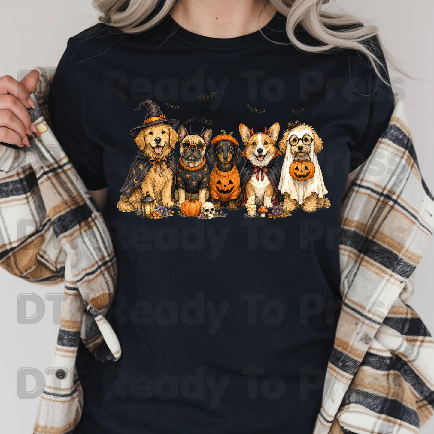 Halloween Dogs DTF Transfer Ready to Press Witch Ghost Devil Corgi Golden Retriever Heat Transfer For Shirts Spooky Dog Gang Full Color