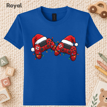 Christmas Gaming T-Shirt, Video Game Controller Santa Hat Holiday Lights Graphic Tee